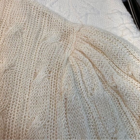 Ralph Lauren Ruffle Creamy Tie Neck Sheer Cable Knit Linen Alpaca S/S Sweater - Picture 7 of 8